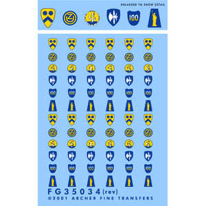 Нашивки 2-й кавалерийской и 65-й, 77-й, 100-й, 102-й и 103-й пехотных дивизий США